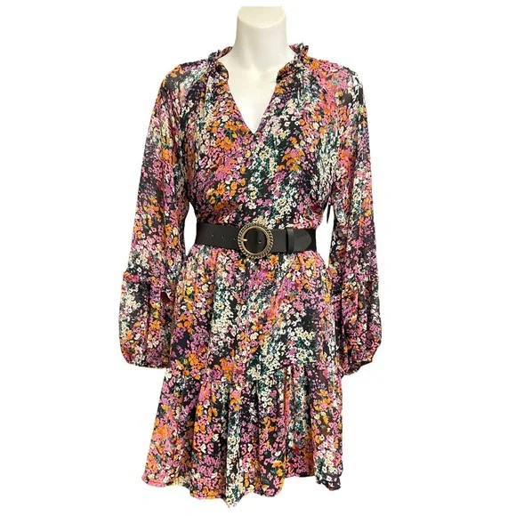 slim fit dress slacks Kelly Green Floral Lurex Chiffon Flowy Mini Dress main image 0